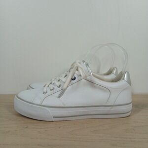 Boden Sneakers Women 7 White Leather Silver Heel Lace Up Casual
